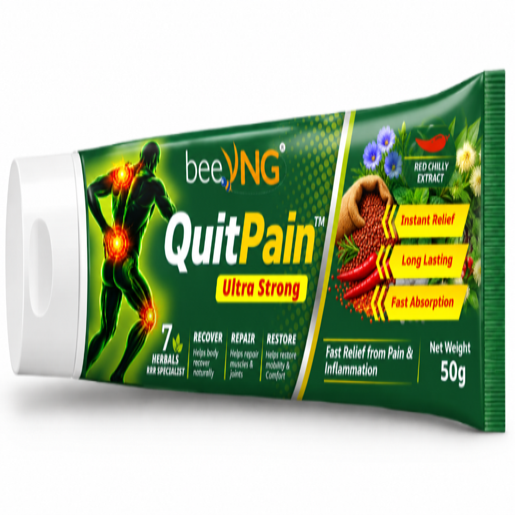 A 50g squeeze tube of beeVNG QuitPain Ultra Strong pain relief cream, featuring a green and yellow design with an illustration of a man with glowing pain points and chili peppers.